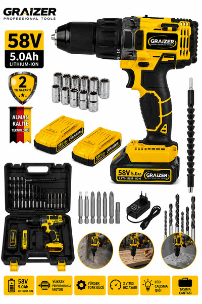 Graizer Alman G-r-z 58 V 5 Ah Darbeli Bakır Sargili Çelik Şanzuman Şarjlı Çif...