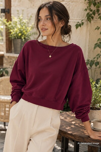 Madmext Claret Red Boat Neck Women's Sweatshirt Mg2208