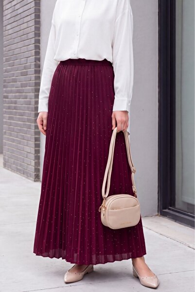 Modamorfo Stoned Pleated Skirt - Burgundy