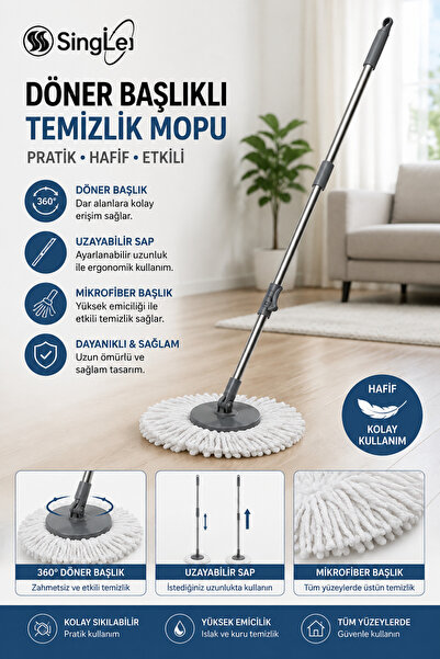 Single ( + 1 Mop ) Tüm Temizlik Kovalarına Uyumlu Yedek Sap Set