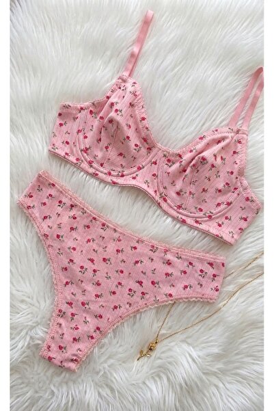 RUYAZ Pink Floral Patterned Cotton Bra Panty Set with Plus Size Option