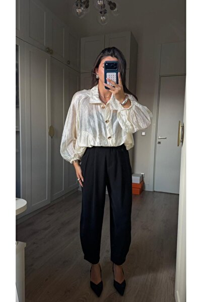 Bade Butik Siyah Paçası Düğmeli Şalvar Pantolon