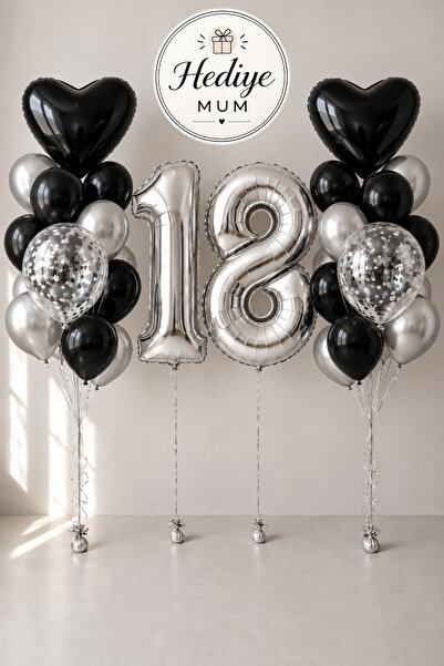 Miels Concept Black Silver Foil Number Balloon and Candle Concept Birthday Ba...