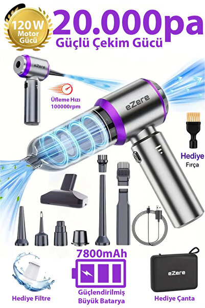 EZERE 7800 mAh Güçlendirilmiş Pil 20000pa Güçlü Portatif Vakumlu Kablosuz Üfl...