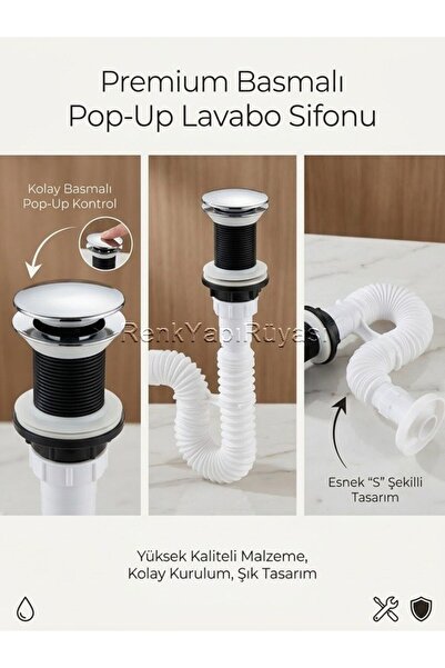 RENKYAPI Basmalı Kaplama Pop-up Banyo Lavabo Sifonu Körüklü Su Sızmasını Önle...