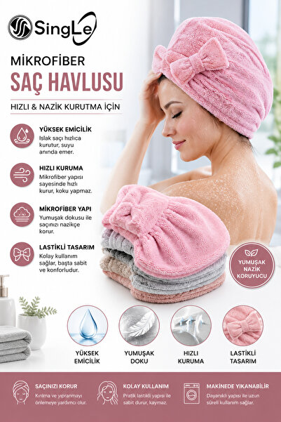 Single ( 1 ADET ) Mikrofiber Saç Havlusu, Saç Bonesi, Banyo Deniz ve Havuz So...