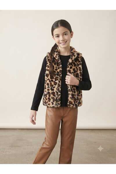 Hilal Akıncı Kids Girl's Leopard Model Plush Vest Black Velvet Lycra Leggings...