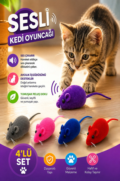 House Bird 4’lü Set Sesli Fare Kedi Oyuncağı – Renkli Peluş Av Oyuncağı