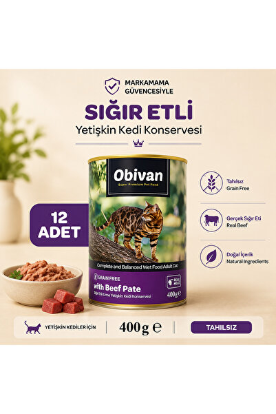 obivan Tahılsız Sığır Etli Pate Ezme Yetişkin Kedi Konservesi 400 Gr X 12 Adet