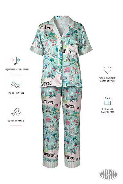 Muah Paris Morning Women's Satin Pajama Set City Patterned Short Sleeve Mint ...