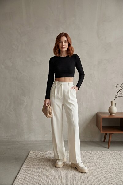 byhaziran butik Pantc Women's Ecru Pleated Palazzo Model Fabric Trousers