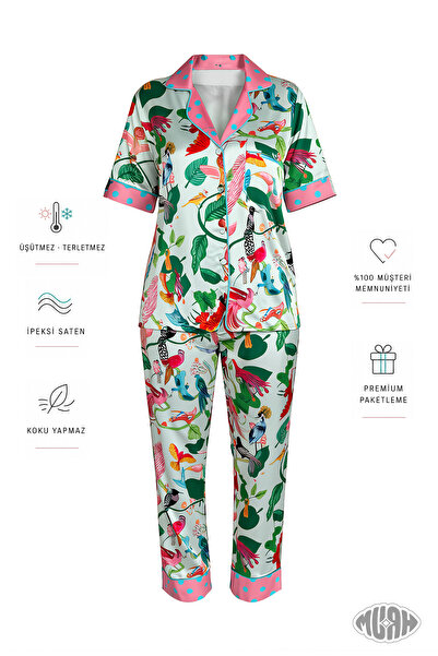 Muah Exotic Garden Women's Satin Pajama Set Tropical Parrot Pattern Short Sle...