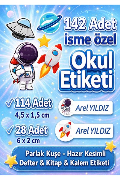 fırsatlar diyarı Okul Etiketi Astronot Uzay Temalı - Kişiye Özel isim Yazdırı...