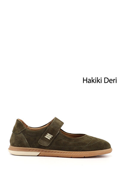 GÖNDERİ(R) Women's Khaki Suede Mary Jane Genuine Leather Ballerinas