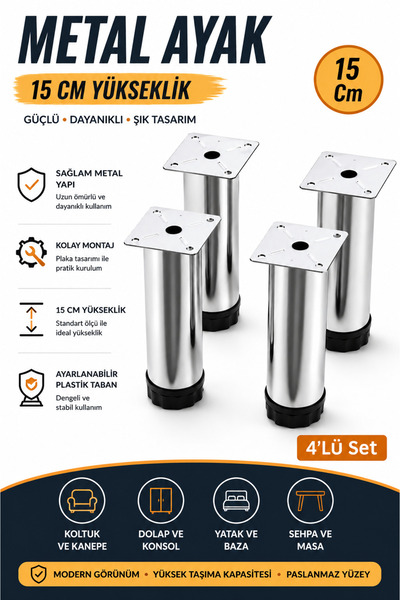 NUBLADO Set de 4 picioare de mobilier cromate de 15 cm, picior de masă pentru...