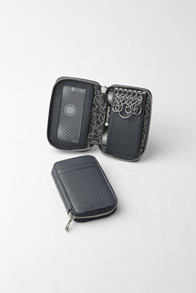 CENGİZ PAKEL Genuine Leather Zippered Card Holder Keychain and Wallet Navy Bl...