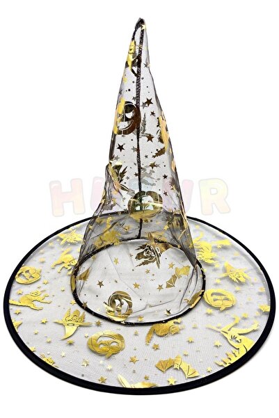 Huzur Party Store Gold Siyah Tül Şapka Halloween Partisi Cadılar Bayramı Altın Sarısı Unisex Cadı Kedi Yarasa Detaylı