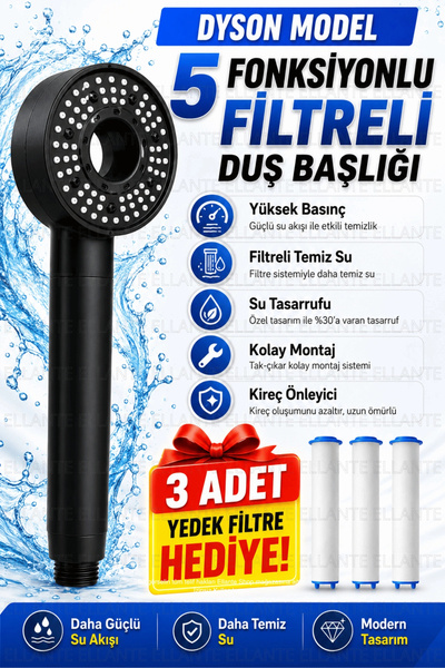ellante Yeni Nesil 5 Fonksiyonlu Filtreli Duş Başlığı Yüksek Basınçlı PP Pamu...