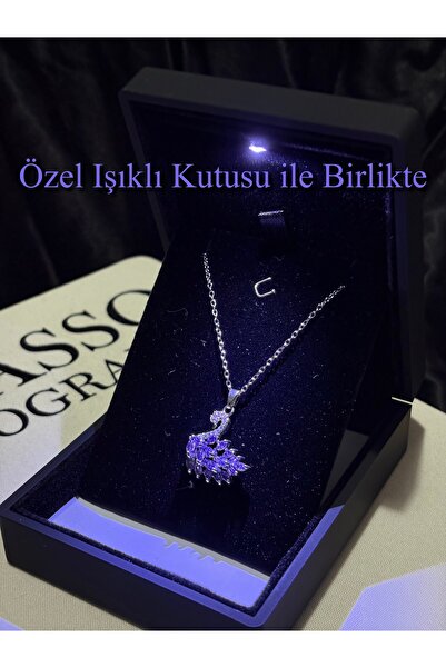 olvera shine Işıklı Kutulu Mor Kuğulu Swan Kolye/Silver