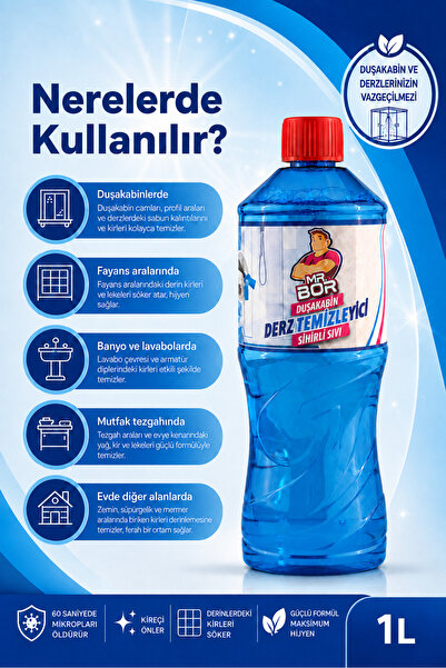 MR.BOR Sihirli Formül Derz & Banyo Duşakabin Fayans Arası Temizleyici 1 Lit– Küf, Sararma ve Kireç Karşıtı