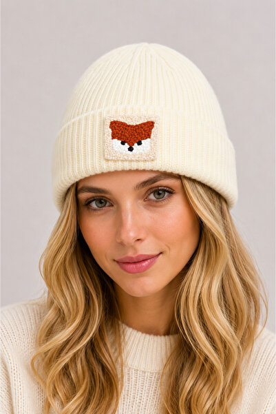 byebruketenci Light Cream Wool Beret Fox Punch Detailed Unisex Christmas Gift