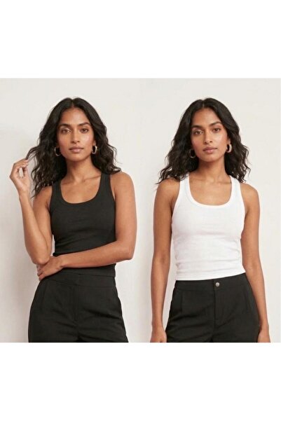 LECTURE Women's 2-Piece Strappy Athlete Set Black White Basic Blouse Casual T...