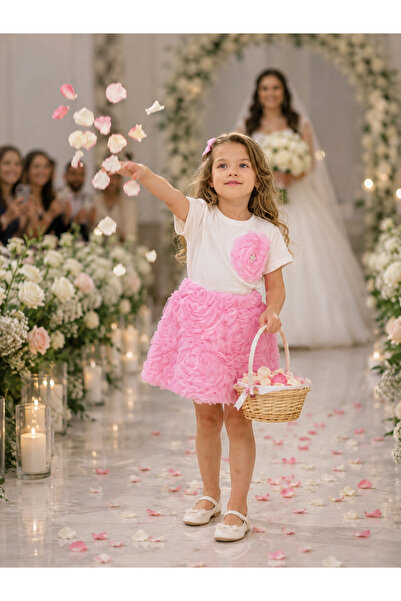 İray Girl's Pink 3D Rose Patterned Skirt Suit |   Birthday Stylish Set