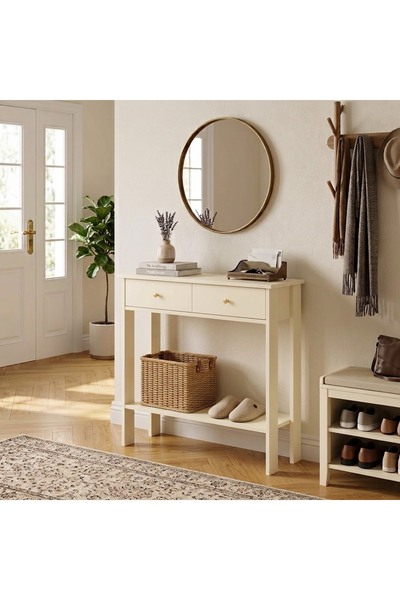 Home 90 Cm Çift Çekmeceli Bej Dresuar Antre Çok Amaçlı Dolap Gold Kulp