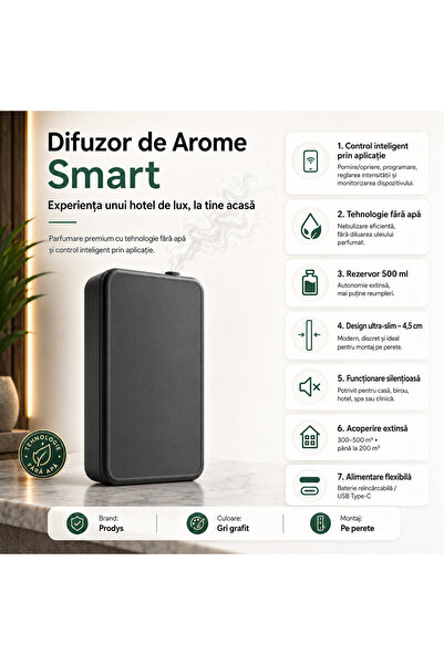 PRODYS Difuzor/Odorizant Profesional Smart Prodys, Control prin Aplicatie, Acoperire pana la 500 m³, Fara apa, Ultra-Silentios, Montaj pe perete, Perfect pentru Casa, Hotel, Birou