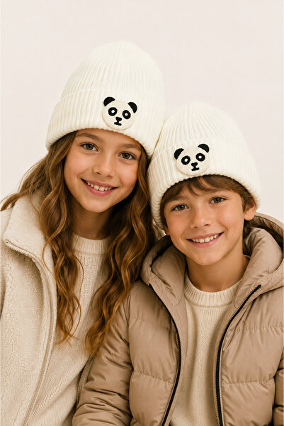 byebruketenci Cream Wool Children's Beret with Panda Animal Figure and Punch ...