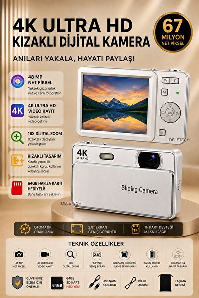 Deletech 4K Sliding Kamera Dijital Fotoğraf Makinesi | Kızaklı Lens Kapaklı |...