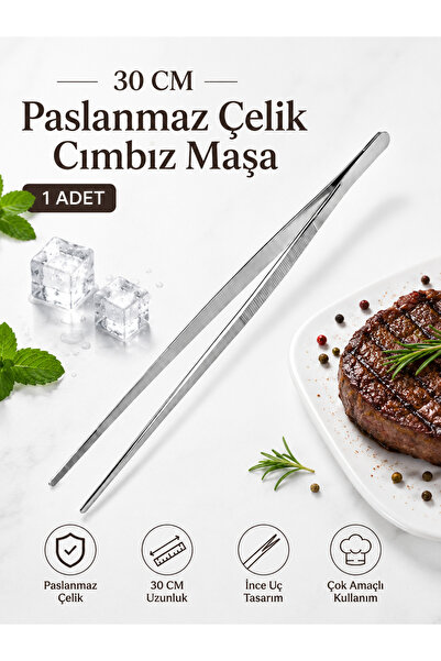 RAMDET 30 Cm Paslanmaz Çelik Cımbız Maşa İnce Uçlu Barbekü Et Servis Buz Maşa...