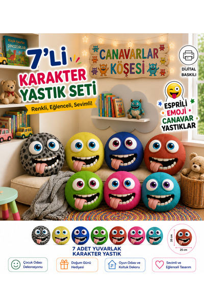 AZİZ OYUNCAK 😜   مجموعة من 7 وسائد إيموجي على شكل وحوش مقاس 25 سم، وسادة مست...