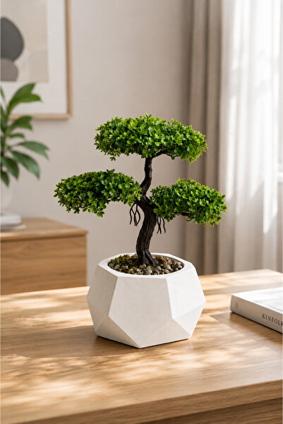 Lineva Geometrik Beton Saksıda Yapay Bonsai Ağacı Dekoratif Masa Üstü Bitki