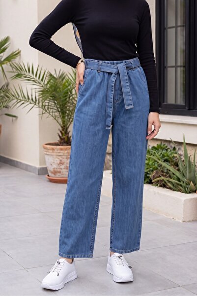 Modamorfo Elastic Waist Belted Pocketed Jeans - Blue
