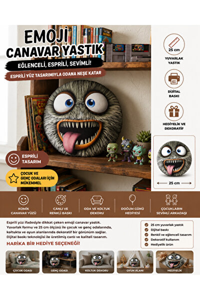 AZİZ OYUNCAK 🩶   'Gray Emoji Monster Pillow' Humorous Round Decorative Pillo...