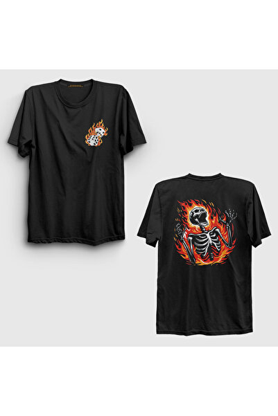 Presmono Unisex crni kockice, kul ruksak sa gorućim kosturom Štampano T-shirt...