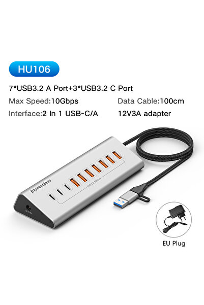 Choice6 HU106 محول USB متعدد المنافذ من الألومنيوم بسرعة 10 جيجابت في الثانية...