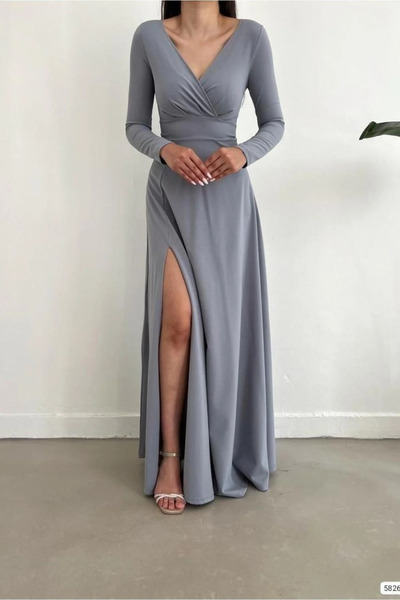 SS HOME CONCEPT Women's Crepe Fabric Double-Breasted Collar Slit Evening Dress