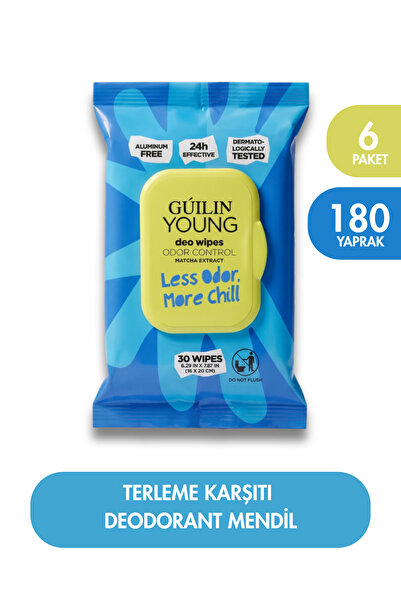 YOUNG Deodorant Islak Mendil 30'lu x 6 Paket | 24 Saat Etkili Koku Kontrolü | Matcha Ekstraktlı | Alüminyumsuz | Dermatolojik Olarak Test Edilmiştir