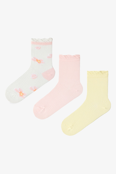 Penti Pembe - Sarı Ruffle Floral 3'lü Soket Çorap