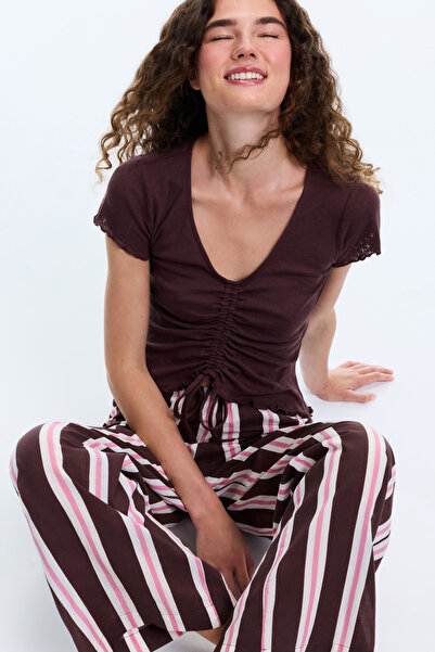 Penti Kahverengi Sleep Mode Çizgili Kısa Kollu Pantolon Pijama Takımı