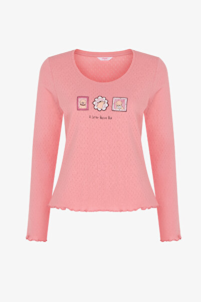 Penti Pembe Dusty Rose Pointel Slogan Desenli Kısa Kollu Tişört Pijama Üstü