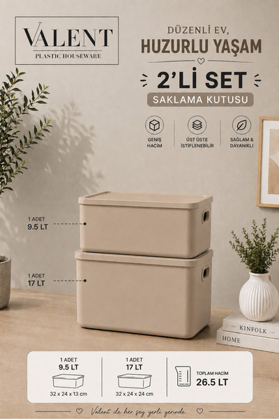 VALENT Nero 2'li Set Çok Amaçlı Kapaklı Organizer Kutu Banyo Mutfak Düzenleyi...