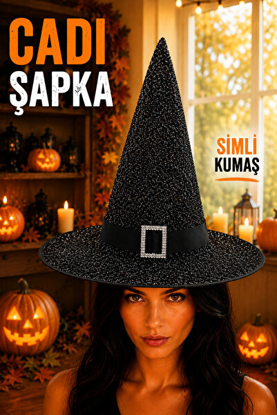 Huzur Party Store Parıltılı Halloween Cadı Şapkası Siyah Renk Kemerli Taş Det...