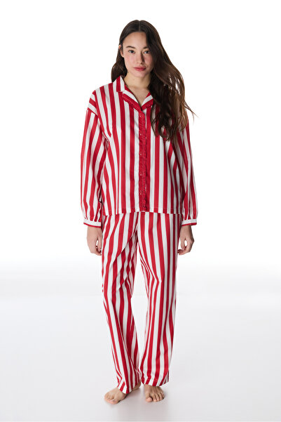 Penti Red Lucy Striped Shirt Ruffle Long Sleeve Pajama Set