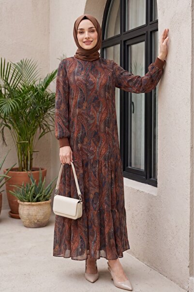 MissRunin Ethnic Pattern Skirt Segmented Lined Chiffon Dress -Coffee