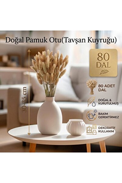Dekora Çiçek Kurutulmuş Pamuk Otu Tavşan Kuyruğu Gelin Buketi Aranjman Çiçeği Lagurus Doğal Naturel 80 Dal