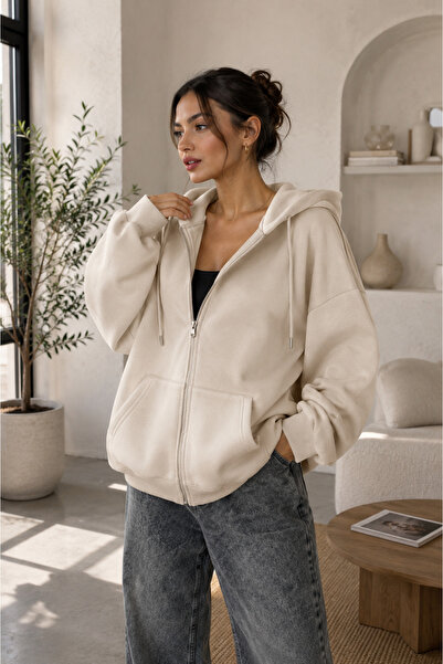 Shine Stone Kadın Oversize Kapüşonlu Kanguru Cep Fermuarlı Sweatshirt