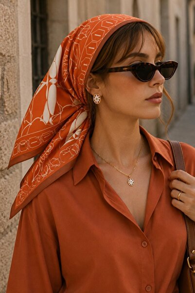 AFVENTE Tile Pattern Orange-White Soft Bandana Scarf 50X50 cm